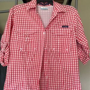 Columbia pink plaid button down shirt size small